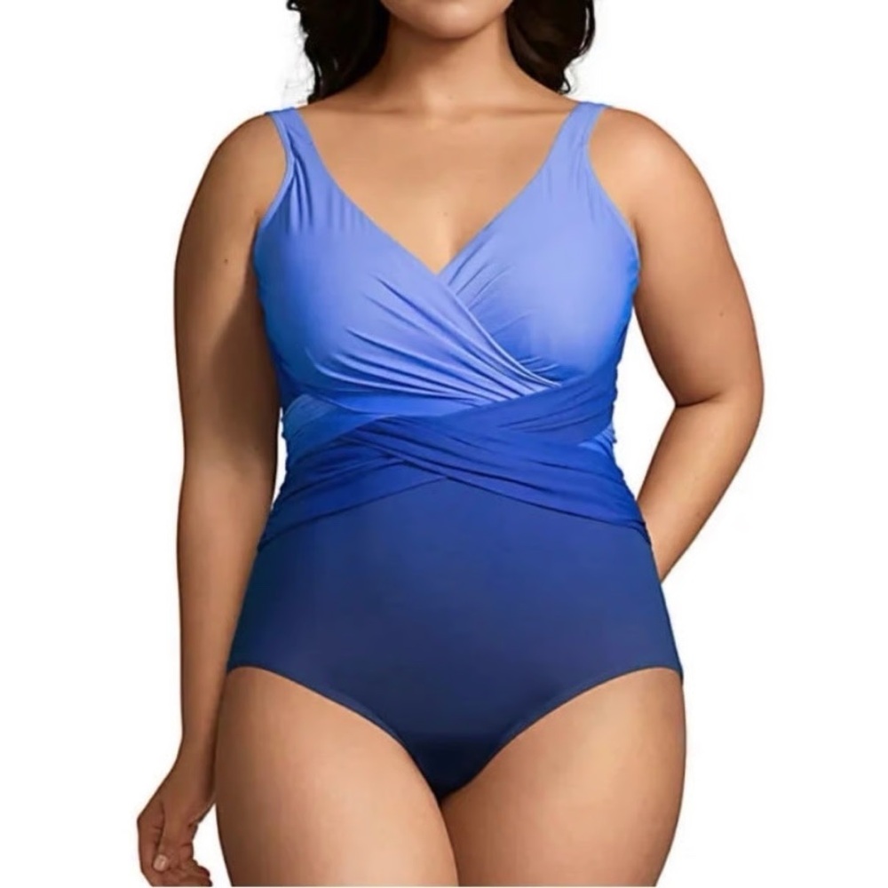 Lands’ End blue ombre tummy control V neck one piece swimsuit women’s size 12
